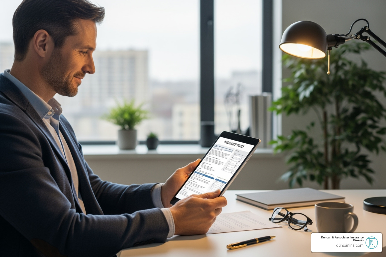 Confident landlord reviewing an insurance policy on a tablet - tenant damage coverage