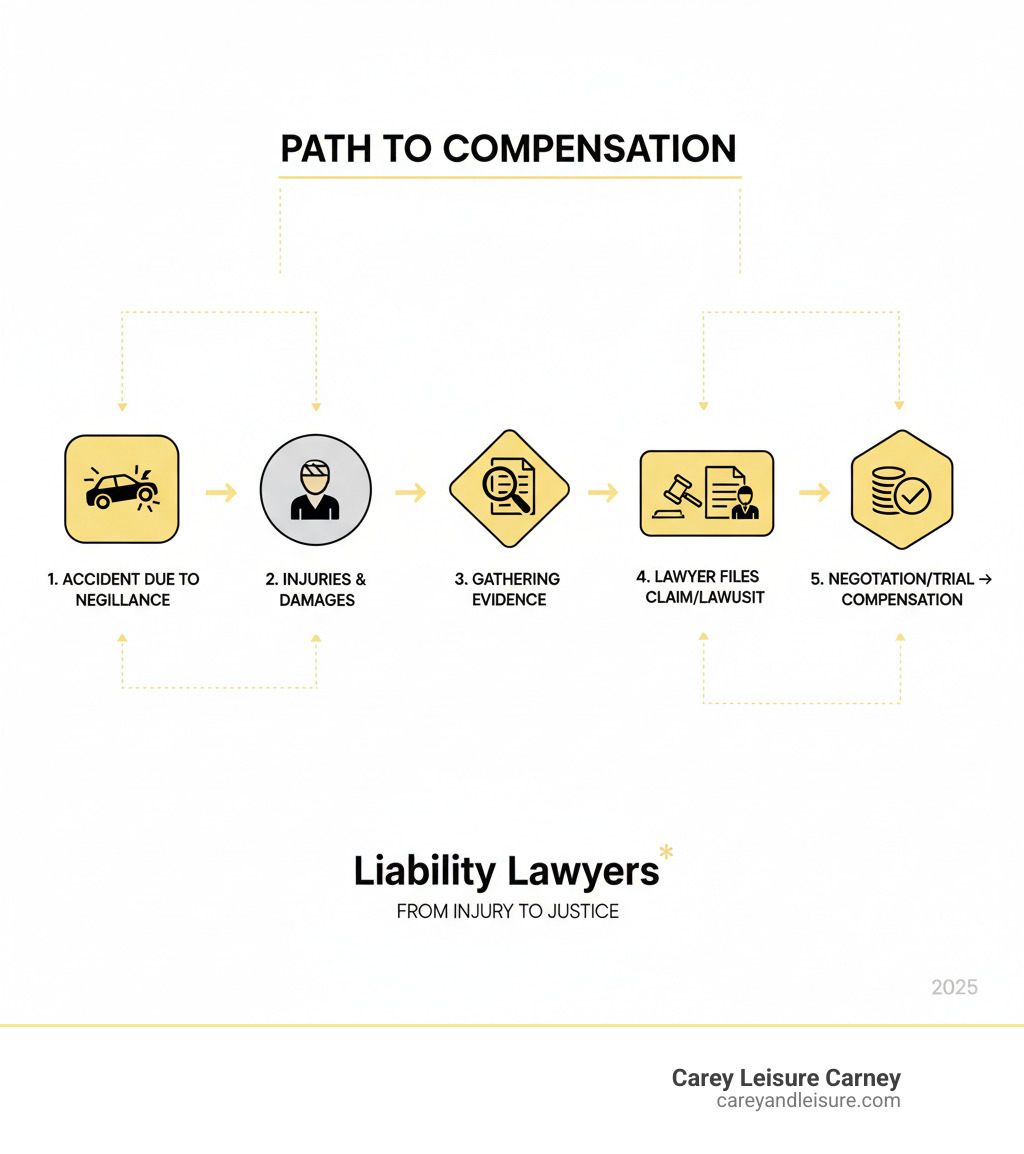 Infographic showing the path from injury to liability claim, including: 1. Accident occurs due to someone's negligence, 2. Injuries and damages result, 3. Evidence is gathered to prove fault, 4. Liability lawyer files claim or lawsuit, 5. Negotiation or trial leads to compensation - liability lawyers infographic Infographic showing the path from injury to liability claim, including: 1. Accident occurs due to someone's negligence, 2. Injuries and damages result, 3. Evidence is gathered to prove fault, 4. Liability lawyer files claim or lawsuit, 5. Negotiation or trial leads to compensation - liability lawyers infographic
