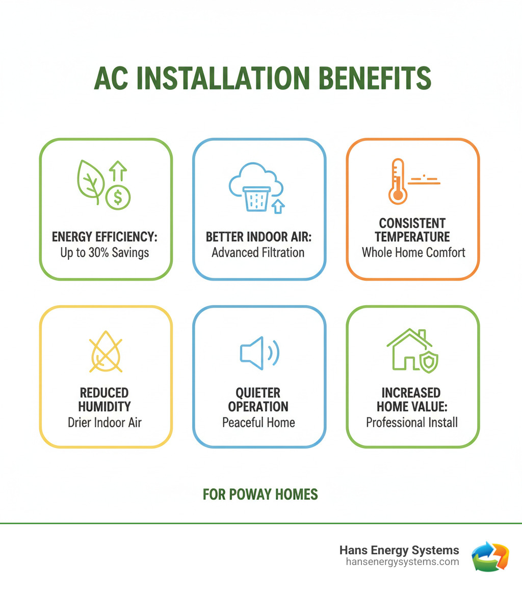 Infographic showing AC installation benefits including improved energy efficiency up to 30% savings, better indoor air quality with advanced filtration, consistent temperature control throughout the home, reduced humidity levels, quieter operation, and increased home value with professional installation - ac installation poway infographic 