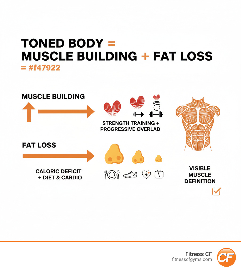 Infographic showing the equation: Toned Body = Muscle Building (through strength training with progressive overload) + Fat Loss (through caloric deficit via diet and cardio). The graphic illustrates two parallel paths - one showing muscle fibers growing stronger through resistance training, and another showing body fat percentage decreasing through proper nutrition and cardiovascular exercise, both leading to the final result of visible muscle definition - toned body infographic 