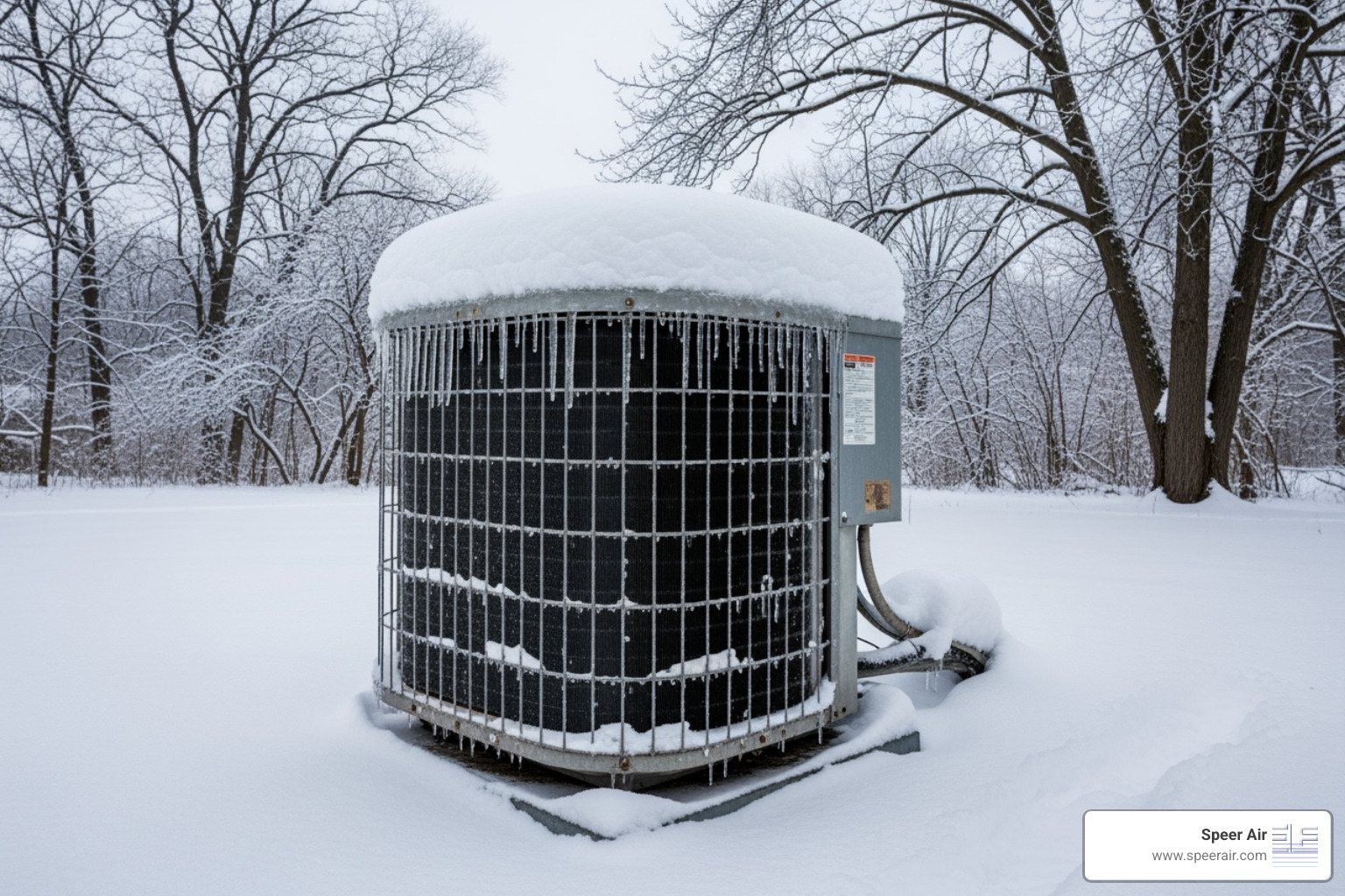 A frozen outdoor AC unit during a New Jersey winter, covered in snow and ice, emphasizing the harsh conditions HVAC systems endure - emergency hvac service morris county