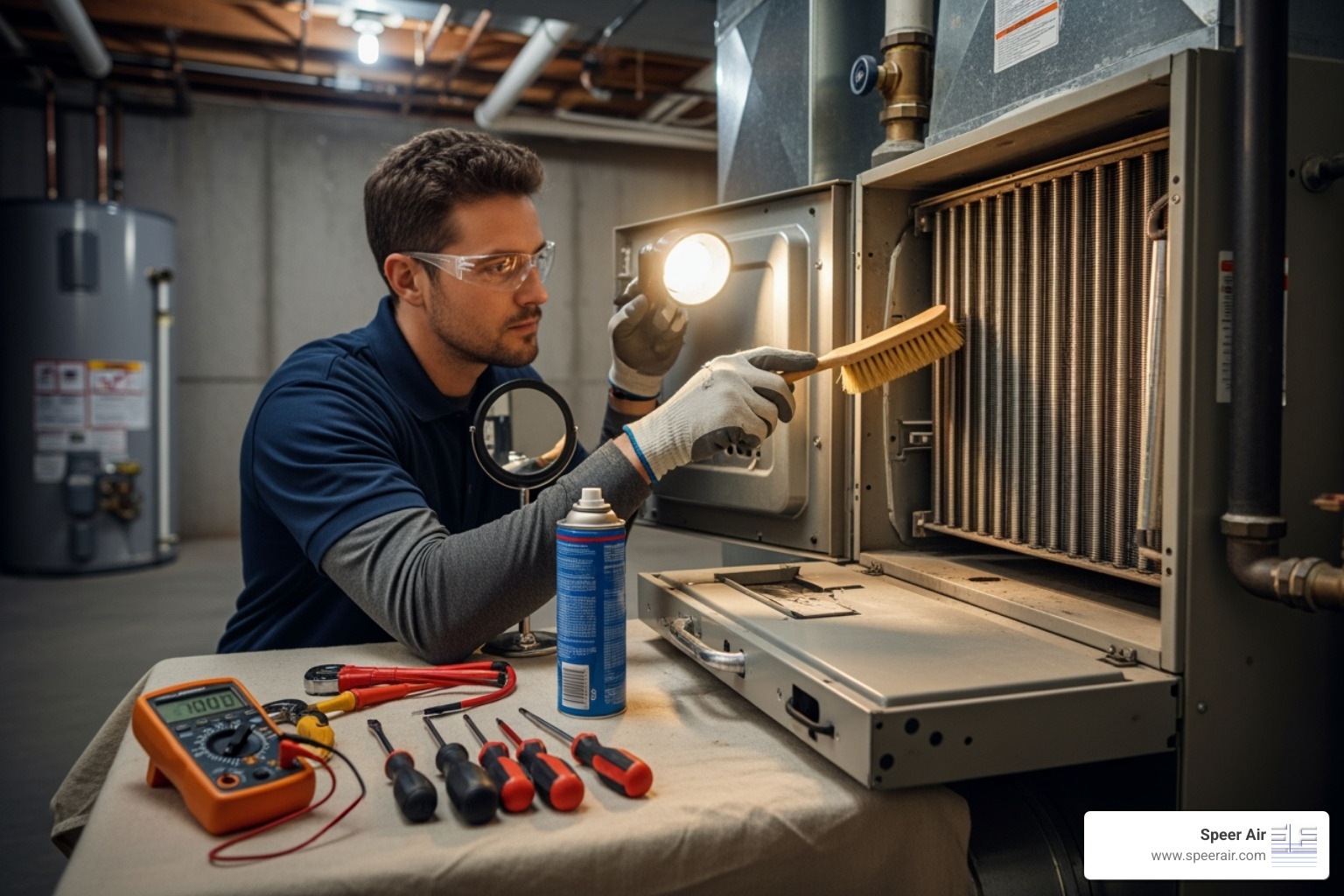 A skilled technician performing thorough maintenance on a furnace, ensuring all components are clean and functioning correctly - emergency hvac service morris county
