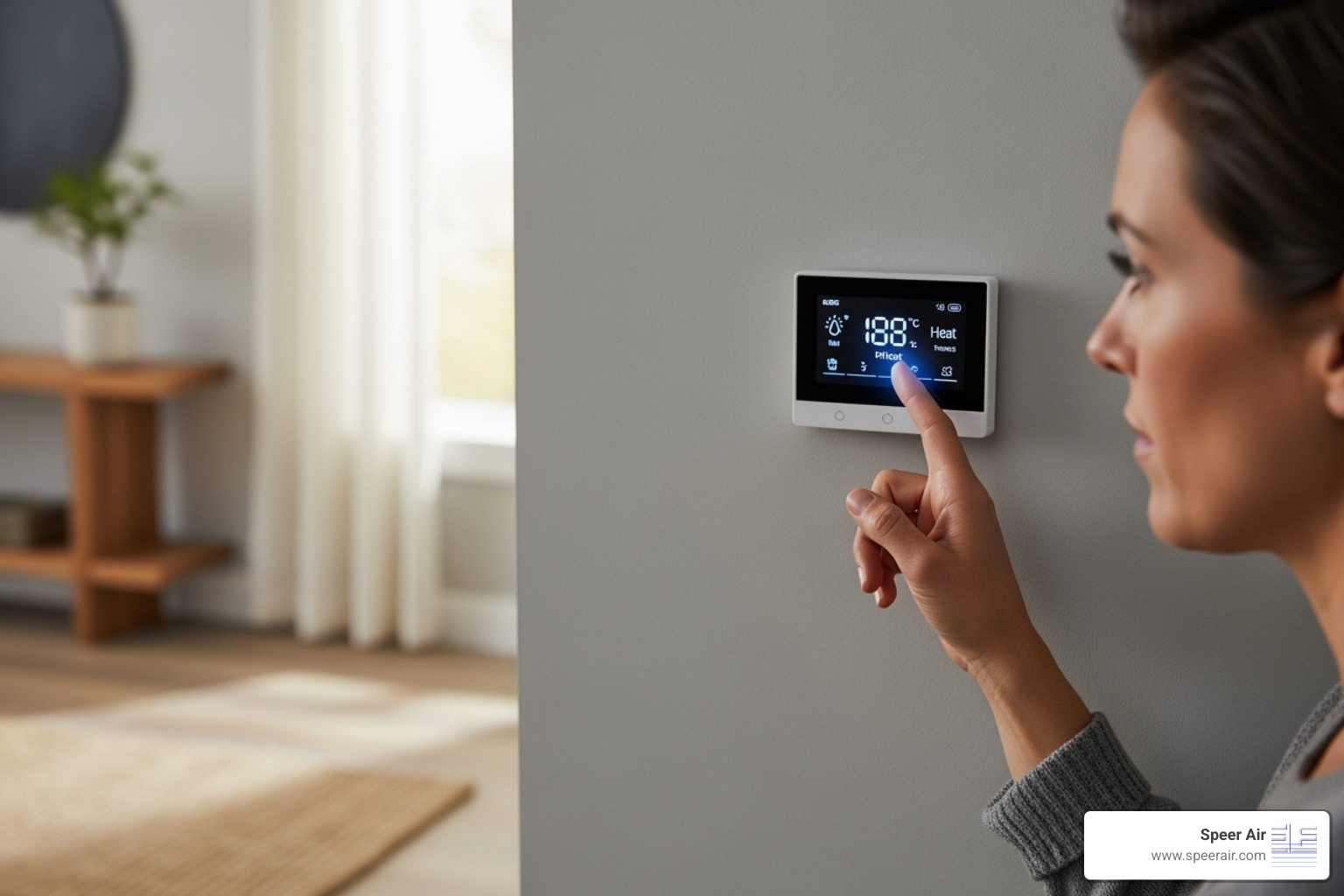A homeowner thoughtfully checking their thermostat settings before making a call for emergency HVAC service - emergency hvac service morris county