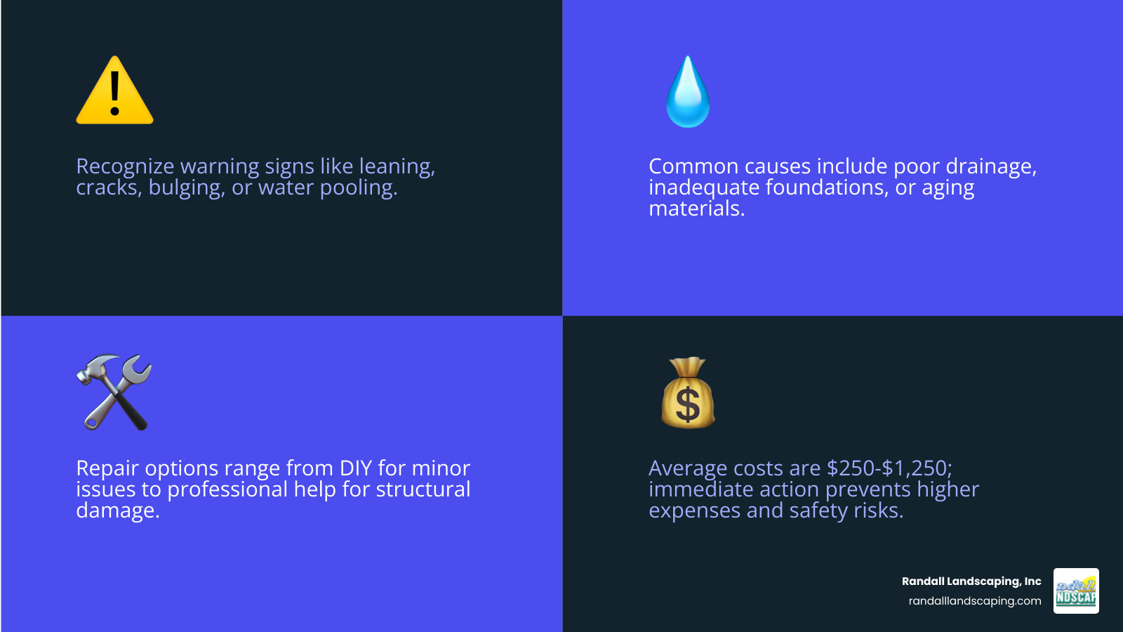Comprehensive retaining wall repair guide showing warning signs like cracks and leaning, common causes including poor drainage and soil pressure, repair methods from DIY patching to professional anchoring systems, cost breakdown from $200 minor fixes to $5000+ major reconstruction, and when to take immediate action - retaining wall repair infographic 4_facts_emoji_blue Comprehensive retaining wall repair guide showing warning signs like cracks and leaning, common causes including poor drainage and soil pressure, repair methods from DIY patching to professional anchoring systems, cost breakdown from $200 minor fixes to $5000+ major reconstruction, and when to take immediate action - retaining wall repair infographic 4_facts_emoji_blue
