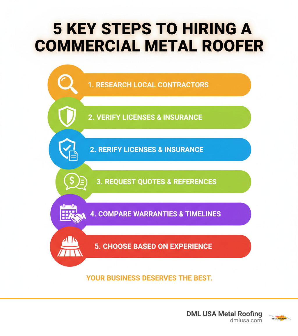 Detailed infographic showing the 5 key steps to hiring a commercial metal roofer: Step 1 - Research local contractors online and through directories, Step 2 - Verify licenses, insurance, and certifications, Step 3 - Request detailed quotes and references, Step 4 - Compare warranties and project timelines, Step 5 - Choose based on experience with commercial metal roofing - commercial roofers near me infographic 