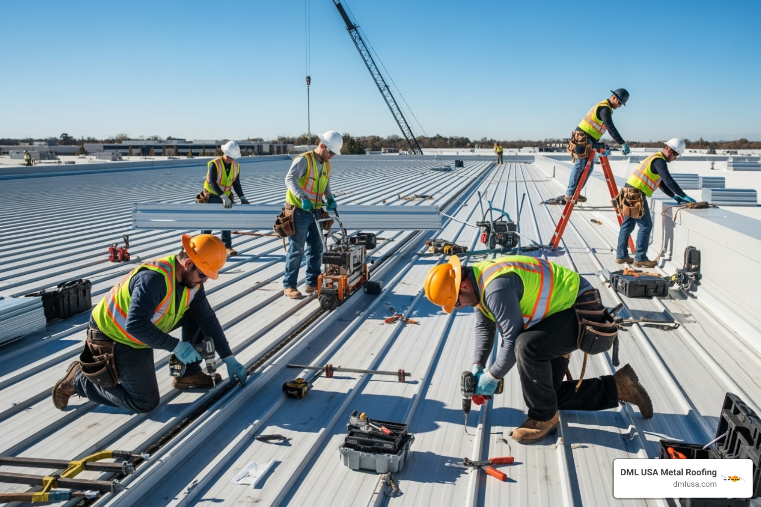 team of metal roofers working on a large, flat commercial roof - commercial roofers near me