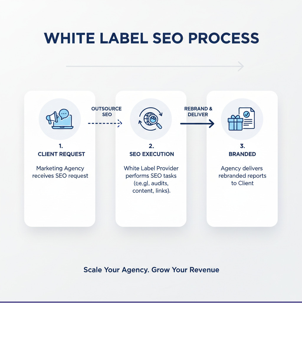 Infographic showing the white label SEO process flow from marketing agency receiving client request, to white label provider executing SEO services, to branded reports delivered back to client through the agency - white label seo company infographic 