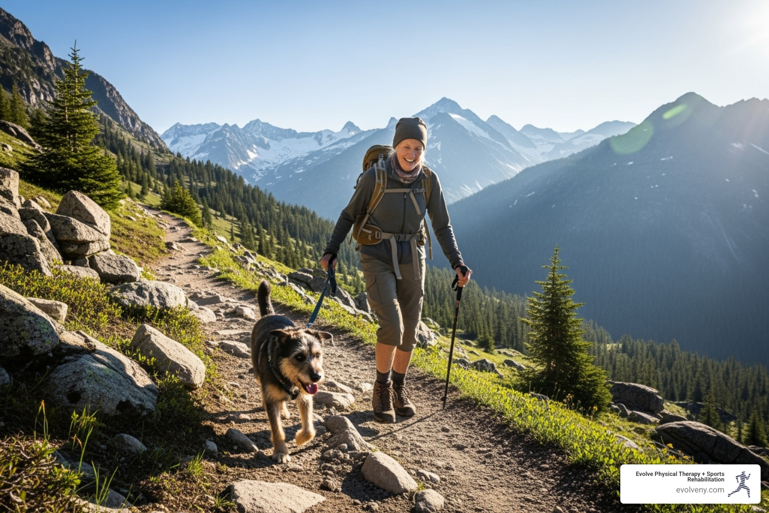 Older active individual hiking with a dog in a mountainous landscape, demonstrating ease of movement and vitality. - primal movement mobility Older active individual hiking with a dog in a mountainous landscape, demonstrating ease of movement and vitality. - primal movement mobility