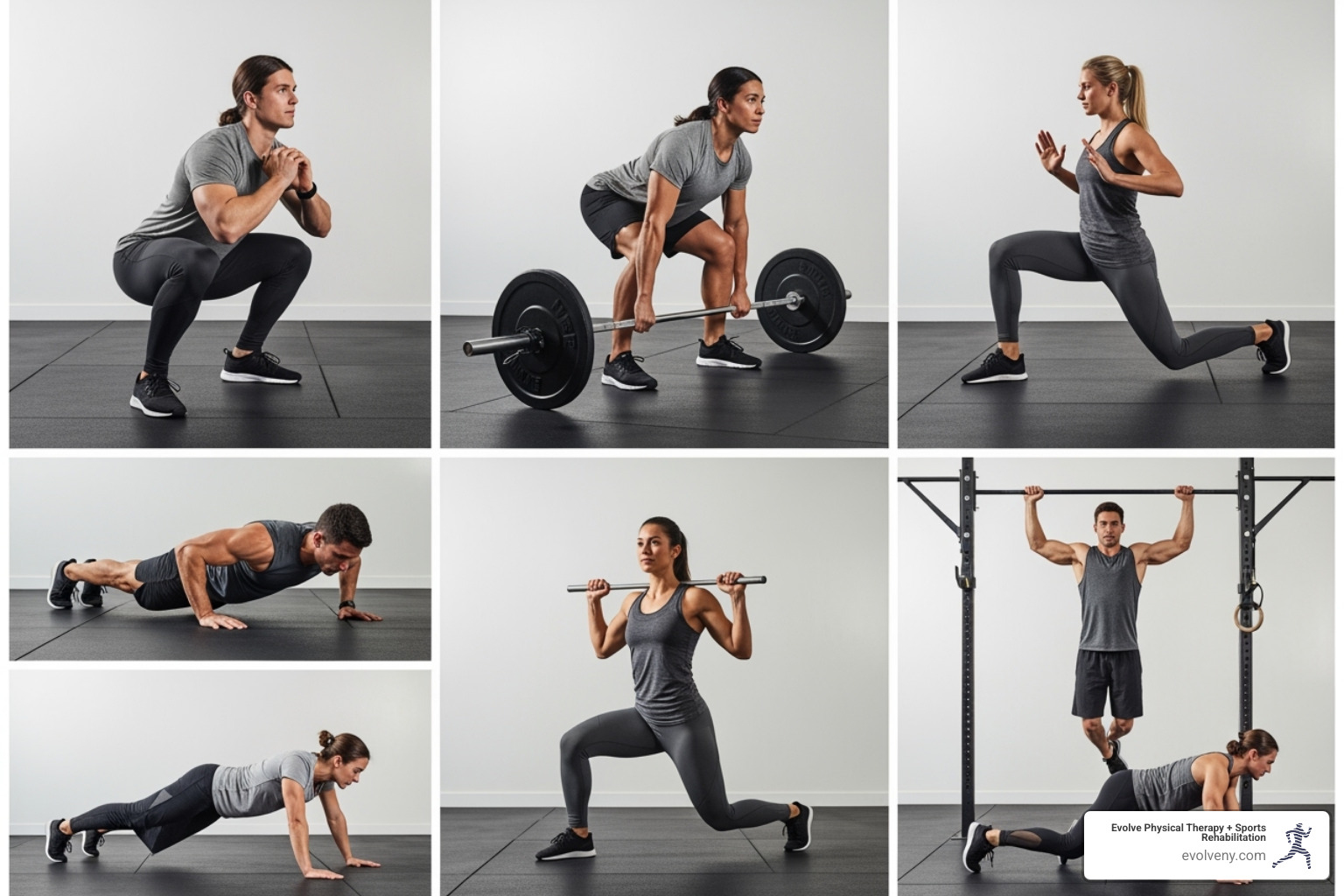 A collage of images depicting the seven primal movement patterns: a person performing a deep squat, another doing a Romanian deadlift (hinge), a lunge, a push-up, a pull-up, a torso twist, and someone crawling. - primal movement mobility A collage of images depicting the seven primal movement patterns: a person performing a deep squat, another doing a Romanian deadlift (hinge), a lunge, a push-up, a pull-up, a torso twist, and someone crawling. - primal movement mobility