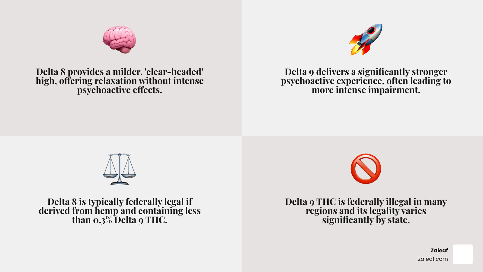 Comprehensive comparison chart showing Delta 8 vs Delta 9 THC differences including legality, psychoactive potency, onset times, duration of effects, and recommended use cases for online shoppers - delta 8 vape online infographic 4_facts_emoji_grey Comprehensive comparison chart showing Delta 8 vs Delta 9 THC differences including legality, psychoactive potency, onset times, duration of effects, and recommended use cases for online shoppers - delta 8 vape online infographic 4_facts_emoji_grey