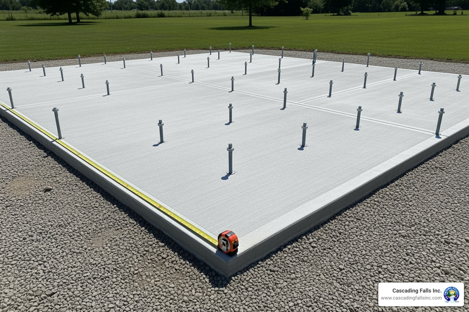 A properly prepared level concrete slab with anchor bolts, ready for metal garage installation - custom metal garages A properly prepared level concrete slab with anchor bolts, ready for metal garage installation - custom metal garages