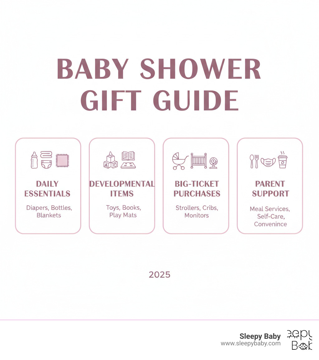 Infographic showing four main categories of baby shower gifts: Daily Essentials (diapers, bottles, blankets), Developmental Items (toys, books, play mats), Big-Ticket Purchases (strollers, cribs, monitors), and Parent Support (meal services, self-care items, convenience products) - top 10 baby shower gifts infographic  Infographic showing four main categories of baby shower gifts: Daily Essentials (diapers, bottles, blankets), Developmental Items (toys, books, play mats), Big-Ticket Purchases (strollers, cribs, monitors), and Parent Support (meal services, self-care items, convenience products) - top 10 baby shower gifts infographic