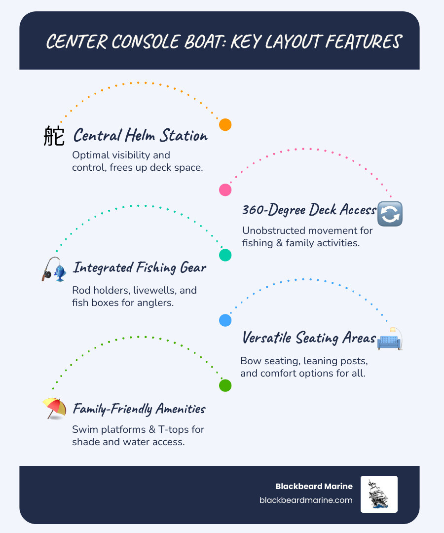 Infographic showing center console boat layout with labeled components: central helm station, 360-degree deck access, rod storage, livewells, seating areas, and swim platform, highlighting versatility for both fishing and family activities - center console boats for sale in missouri infographic infographic-line-5-steps-blues-accent_colors