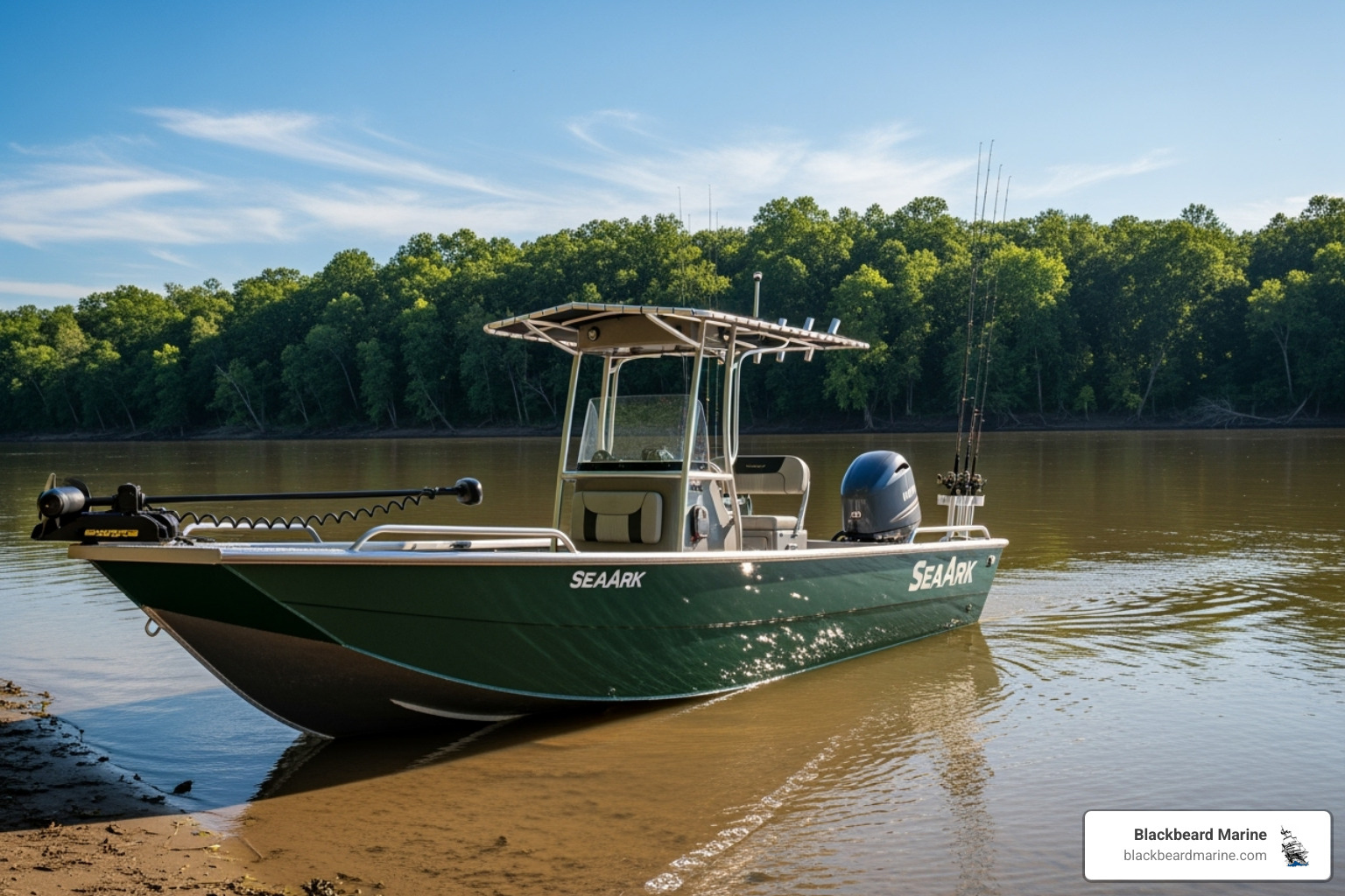 SeaArk aluminum center console on a riverbank - center console boats for sale in missouri