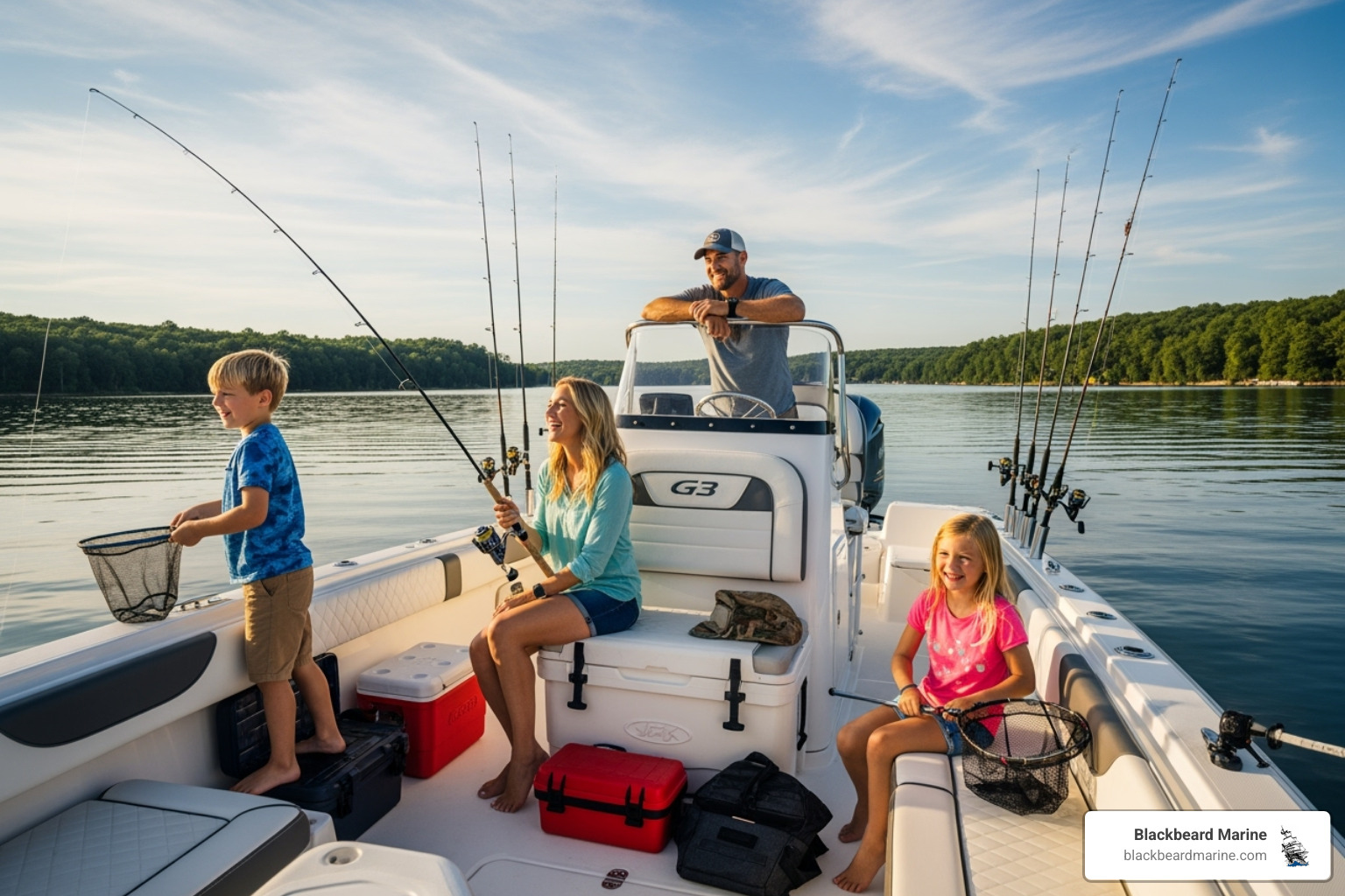 family fishing from a G3 center console boat - center console boats for sale in missouri