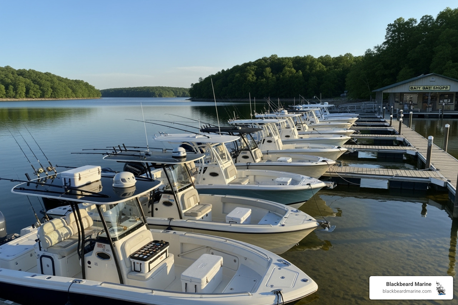 lineup of various center console boats at a marina - center console boats for sale in missouri