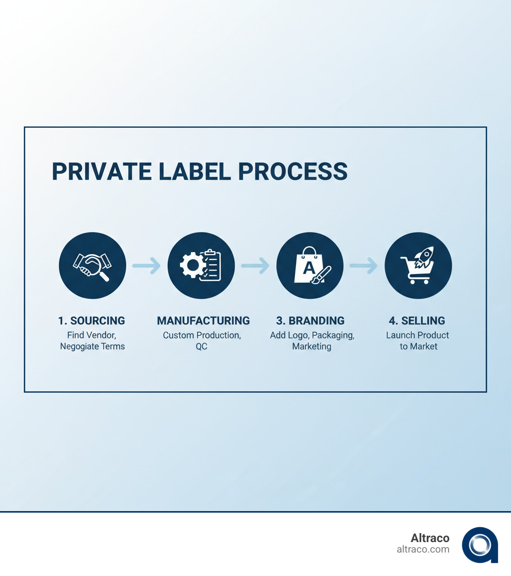 Infographic showing the 4-step private label process: Step 1 - Sourcing (finding the right vendor and negotiating terms), Step 2 - Manufacturing (custom production with quality control), Step 3 - Branding (adding your logo, packaging, and marketing materials), Step 4 - Selling (launching your branded product to market) - private label vendors infographic  Infographic showing the 4-step private label process: Step 1 - Sourcing (finding the right vendor and negotiating terms), Step 2 - Manufacturing (custom production with quality control), Step 3 - Branding (adding your logo, packaging, and marketing materials), Step 4 - Selling (launching your branded product to market) - private label vendors infographic