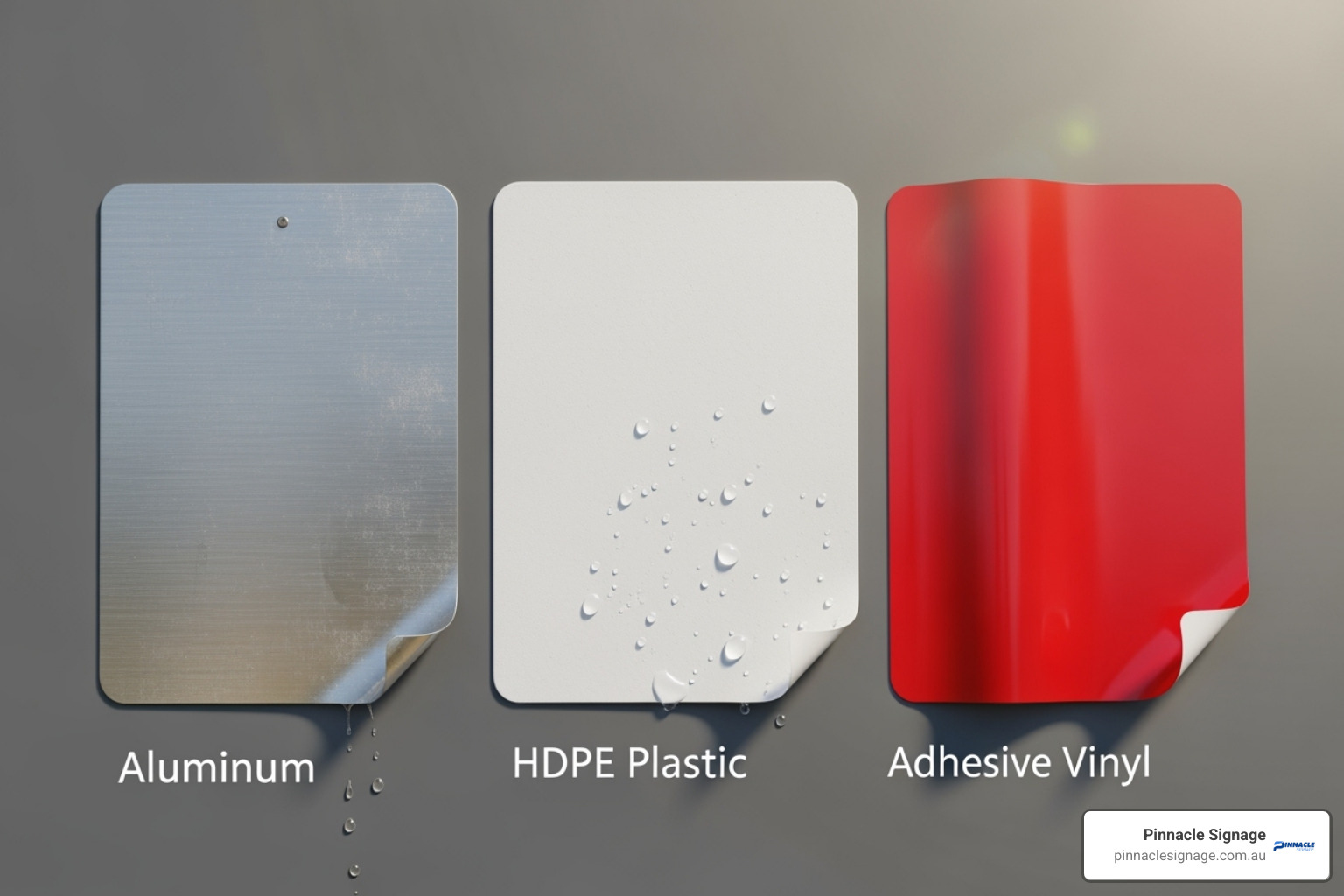 Three sign material swatches: Aluminum, HDPE Plastic, and Adhesive Vinyl, used to manufacture durable danger high voltage signs for harsh outdoor environments. Three sign material swatches: Aluminum, HDPE Plastic, and Adhesive Vinyl, used to manufacture durable danger high voltage signs for harsh outdoor environments.