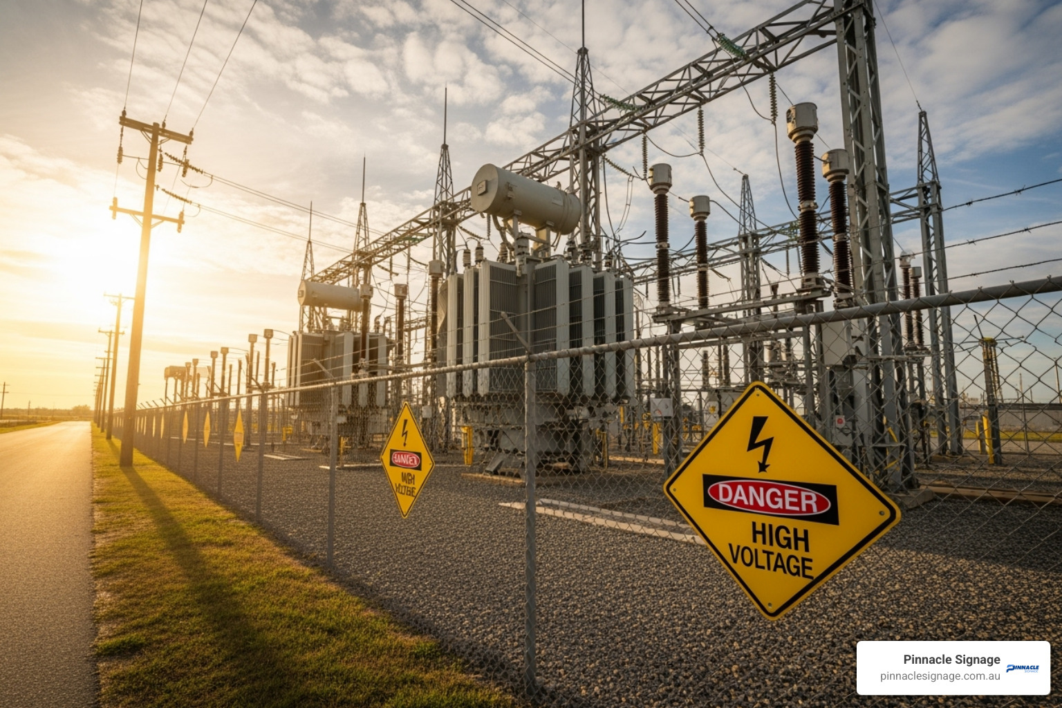 Image of a high voltage substation with clear danger signs on the perimeter fence in an Australian setting - danger high voltage signs Image of a high voltage substation with clear danger signs on the perimeter fence in an Australian setting - danger high voltage signs