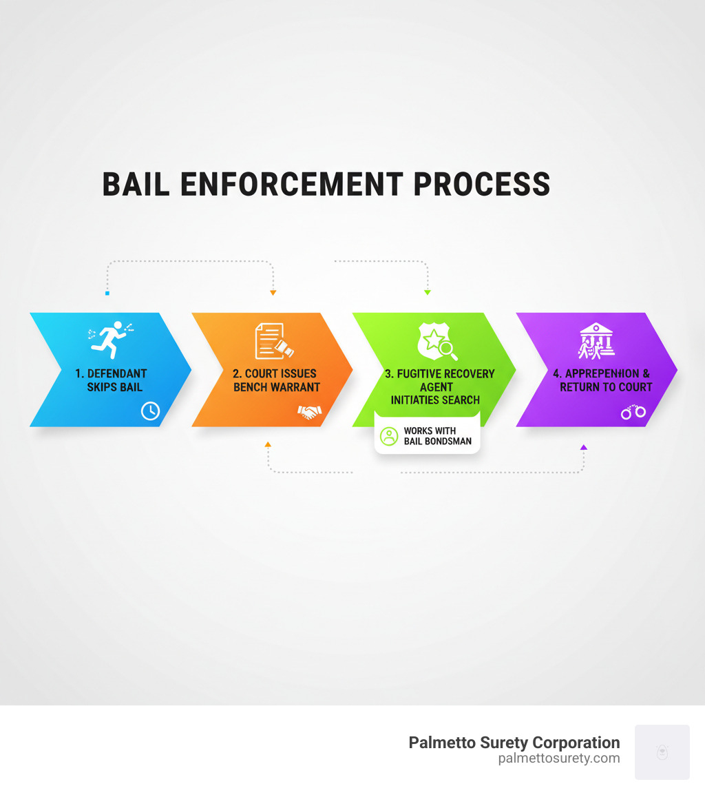 Infographic showing the bail enforcement process from defendant skipping bail through professional fugitive recovery agent apprehension and return to court system - real bounty hunter badge infographic Infographic showing the bail enforcement process from defendant skipping bail through professional fugitive recovery agent apprehension and return to court system - real bounty hunter badge infographic