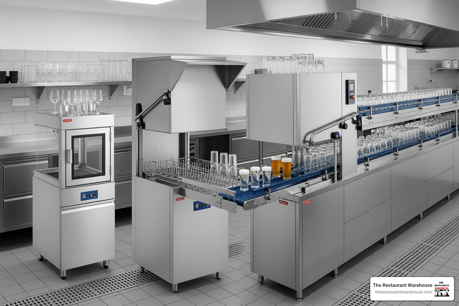 Three distinct commercial glasswashers displayed side-by-side: a compact undercounter model, a robust hood-type pass-through unit, and a long, high-capacity conveyor machine, visually representing their varying scales and applications - second hand commercial glass washer