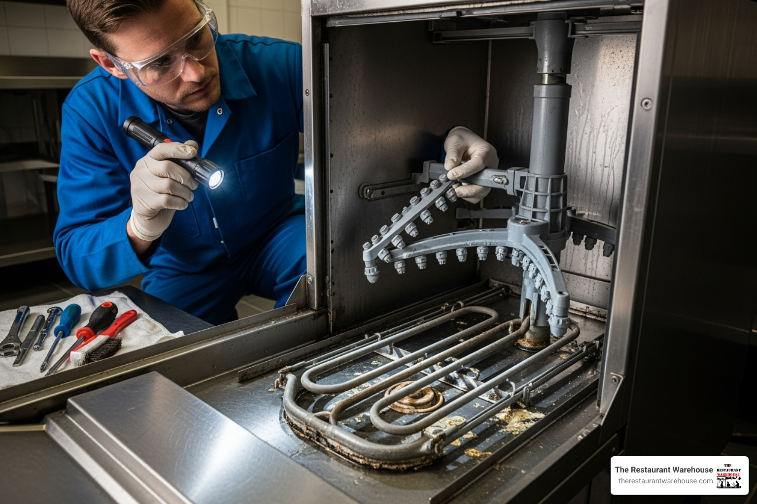 A technician carefully inspecting the spray arms and heating element inside a used commercial glasswasher, emphasizing the importance of detailed internal checks before purchase - second hand commercial glass washer