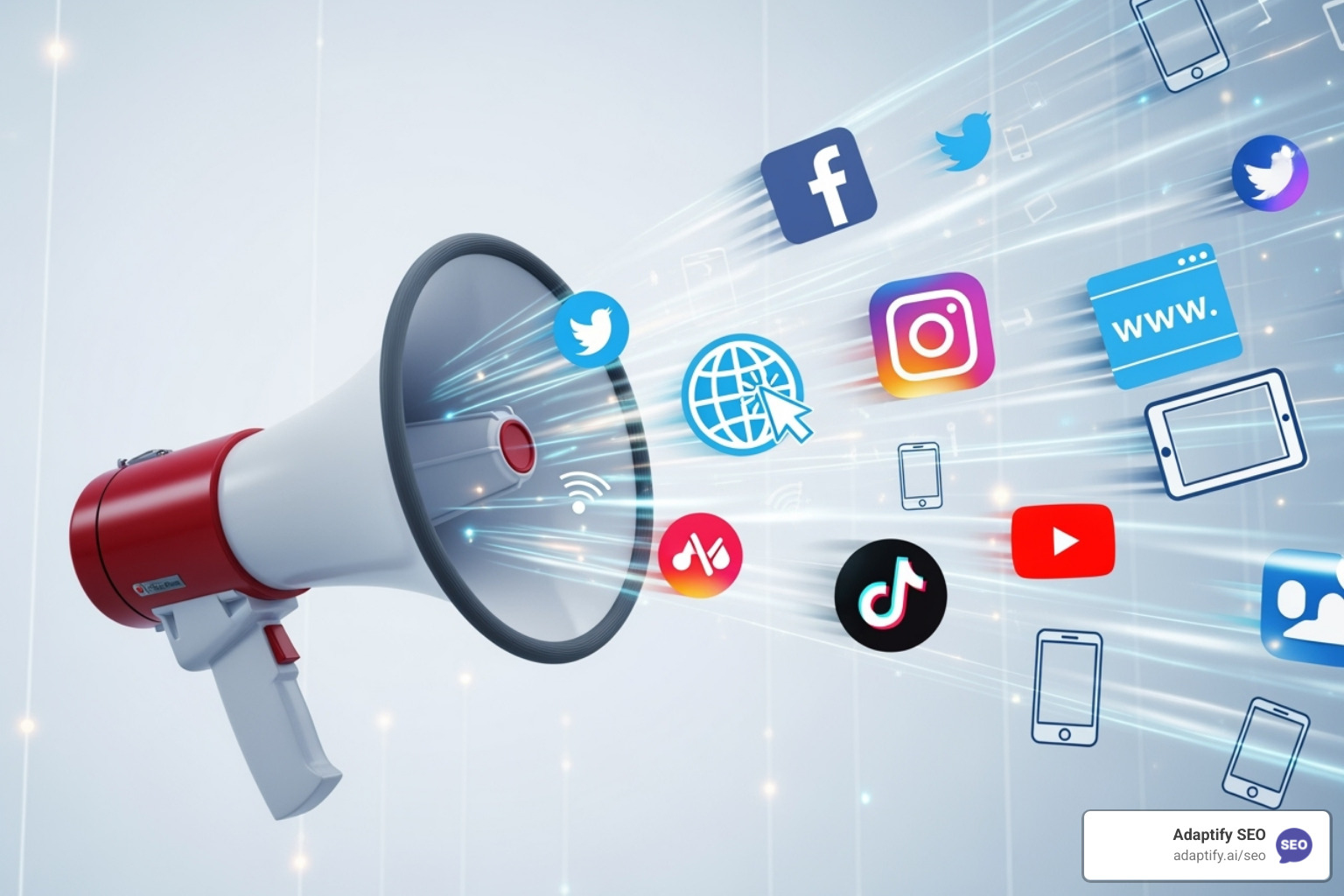 A megaphone broadcasting content across different channels - content based link building