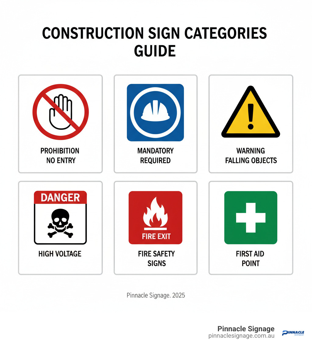 Informational guide detailing the different types of building site construction signs, such as mandatory hard hat symbols and high-voltage danger warnings. Informational guide detailing the different types of building site construction signs, such as mandatory hard hat symbols and high-voltage danger warnings.