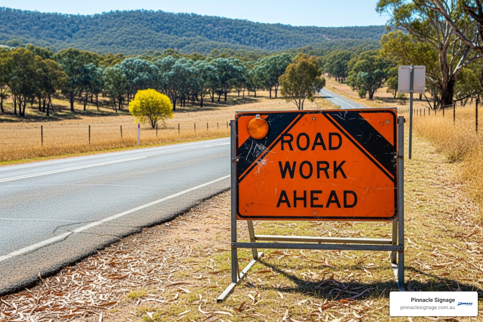 Large orange and black portable "ROAD WORK AHEAD" sign placed on the shoulder of a rural highway, one of the temporary building site signs. Large orange and black portable "ROAD WORK AHEAD" sign placed on the shoulder of a rural highway, one of the temporary building site signs.