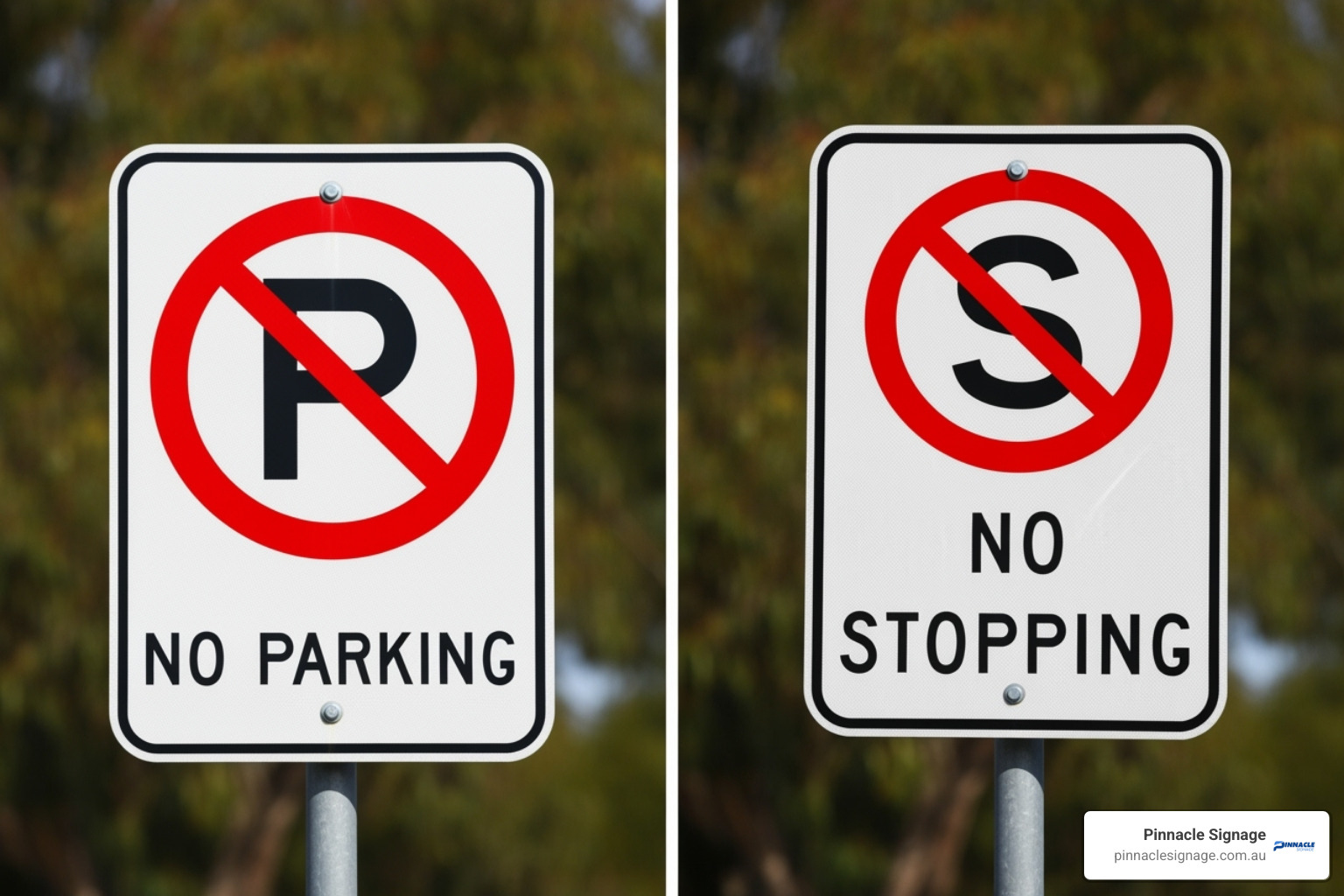 Side-by-side comparison of a 'No Parking' sign and a 'No Stopping' sign in Australia - australian parking signs Side-by-side comparison of a 'No Parking' sign and a 'No Stopping' sign in Australia - australian parking signs