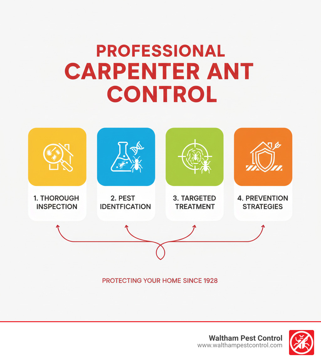Infographic showing the steps of professional carpenter ant control, including inspection, identification, targeted treatment, and prevention strategies. - carpenter ant infestation in house infographic 