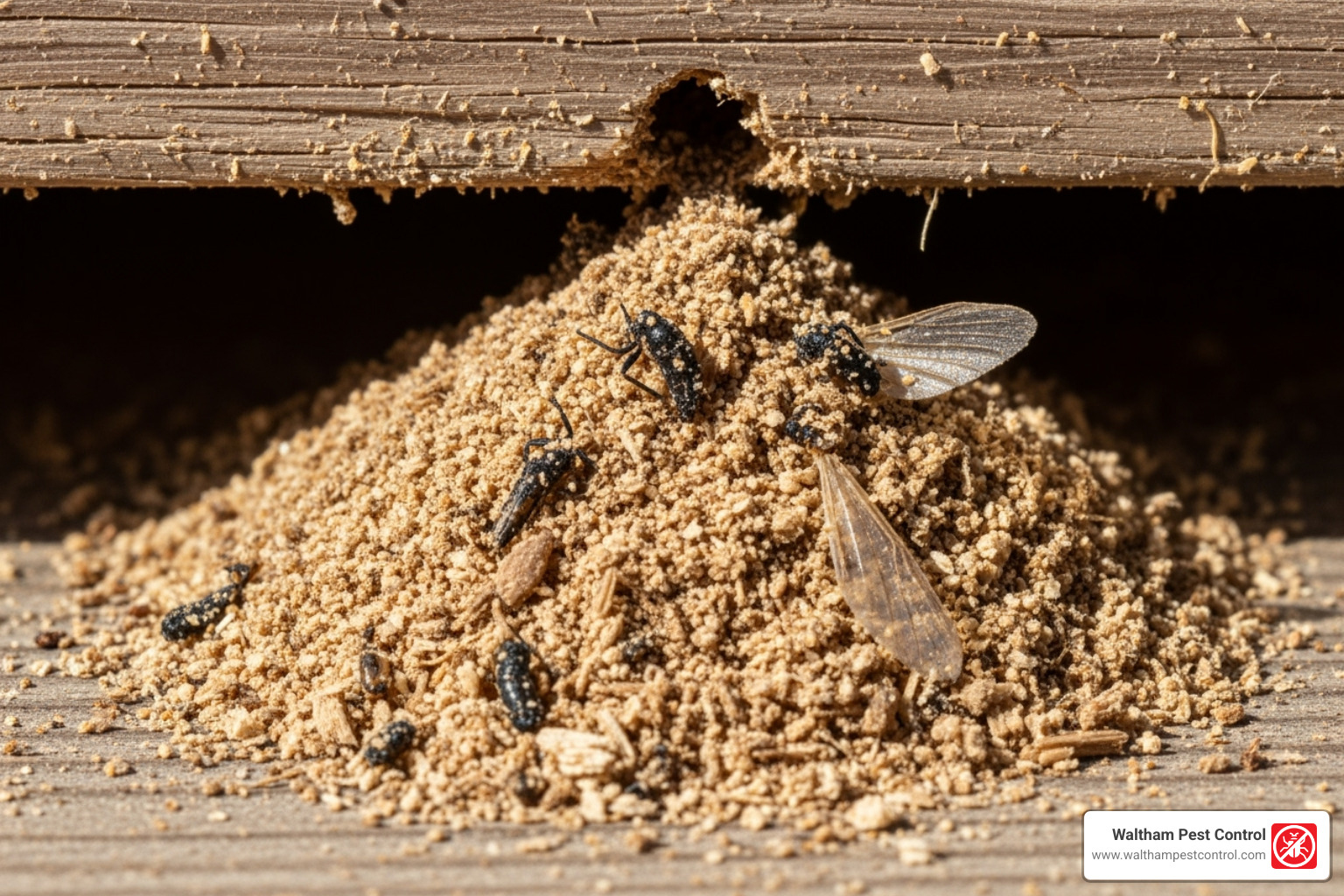 frass accumulated below a wooden beam - carpenter ant infestation in house