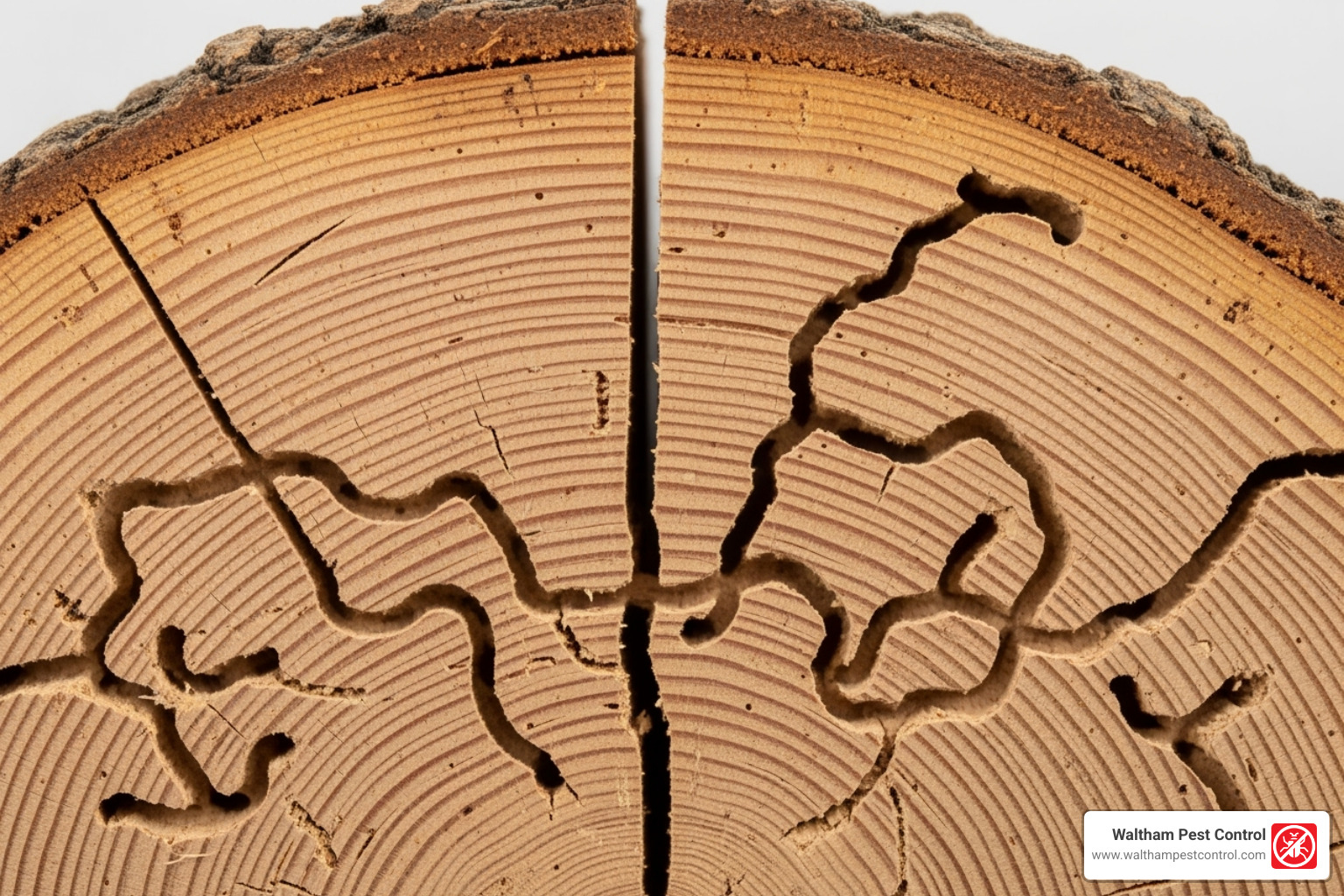 smooth, clean carpenter ant galleries inside a piece of wood - carpenter ant infestation in house