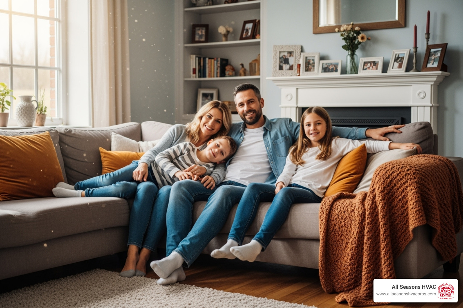 family smiling and relaxing in a warm home - heating maintenance grimes ia family smiling and relaxing in a warm home - heating maintenance grimes ia