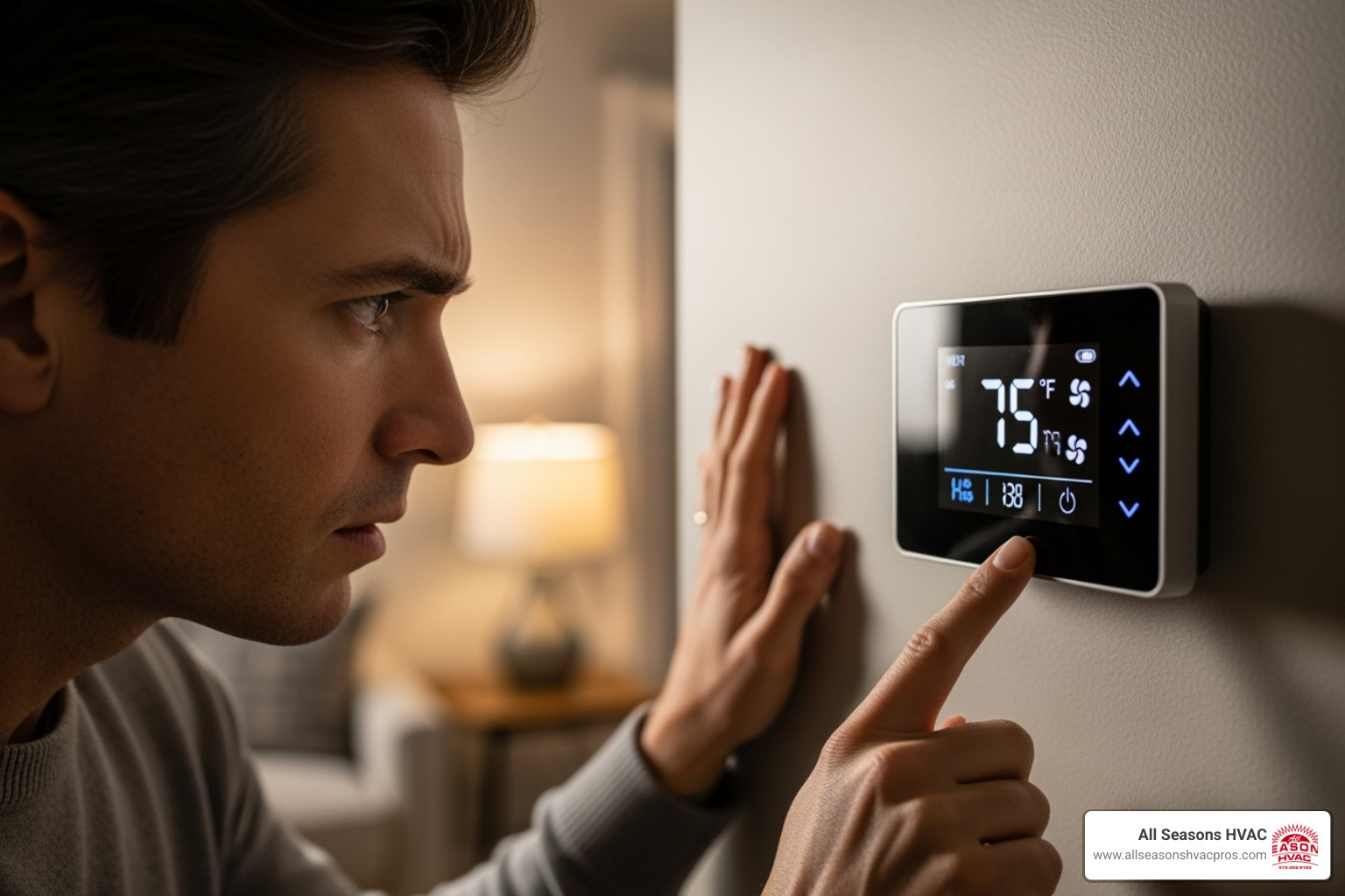 homeowner looking at a thermostat with a concerned expression - heating maintenance grimes ia homeowner looking at a thermostat with a concerned expression - heating maintenance grimes ia