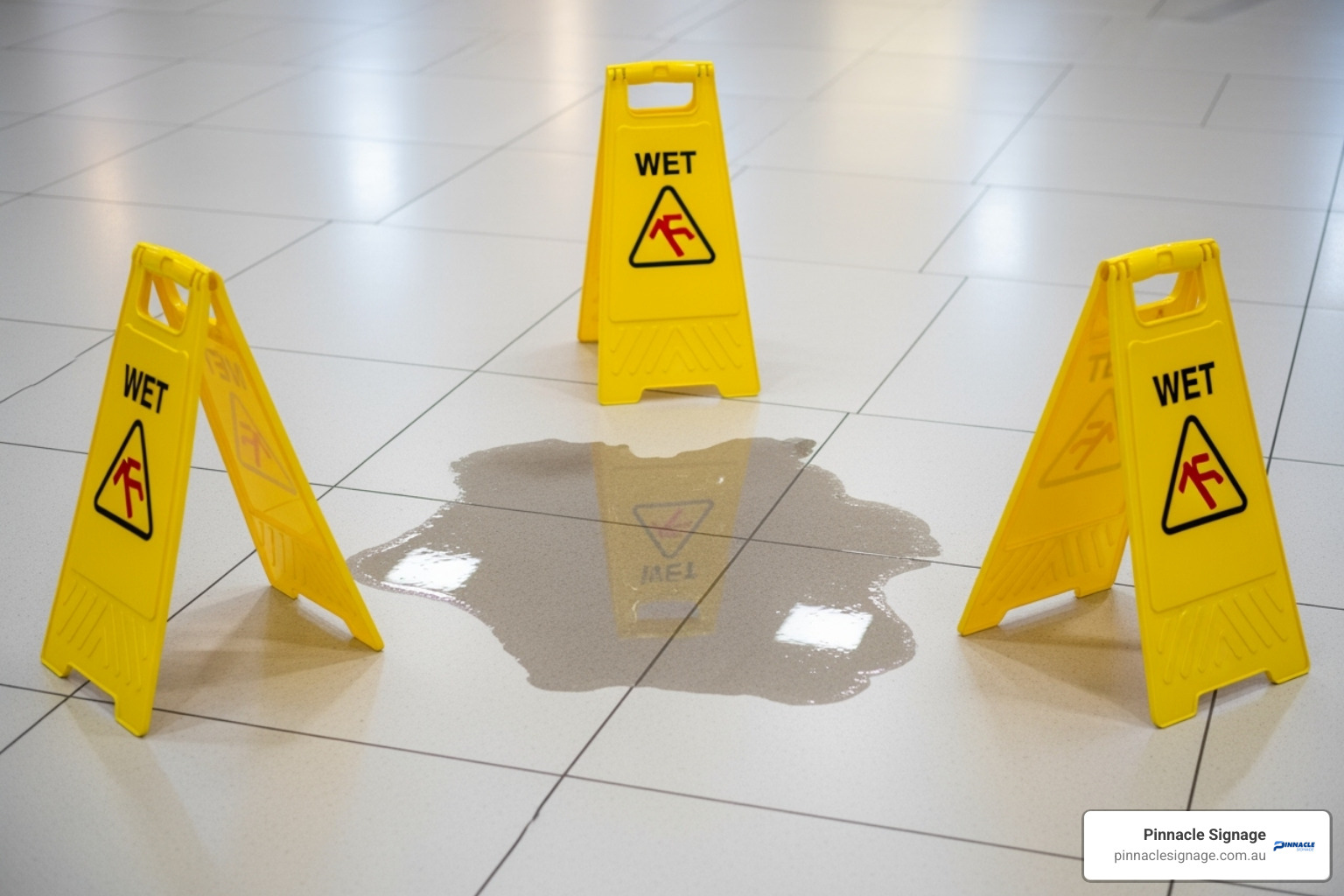 Image demonstrating the correct triangular placement of three wet floor signs around a large spill - wet floor signage Image demonstrating the correct triangular placement of three wet floor signs around a large spill - wet floor signage