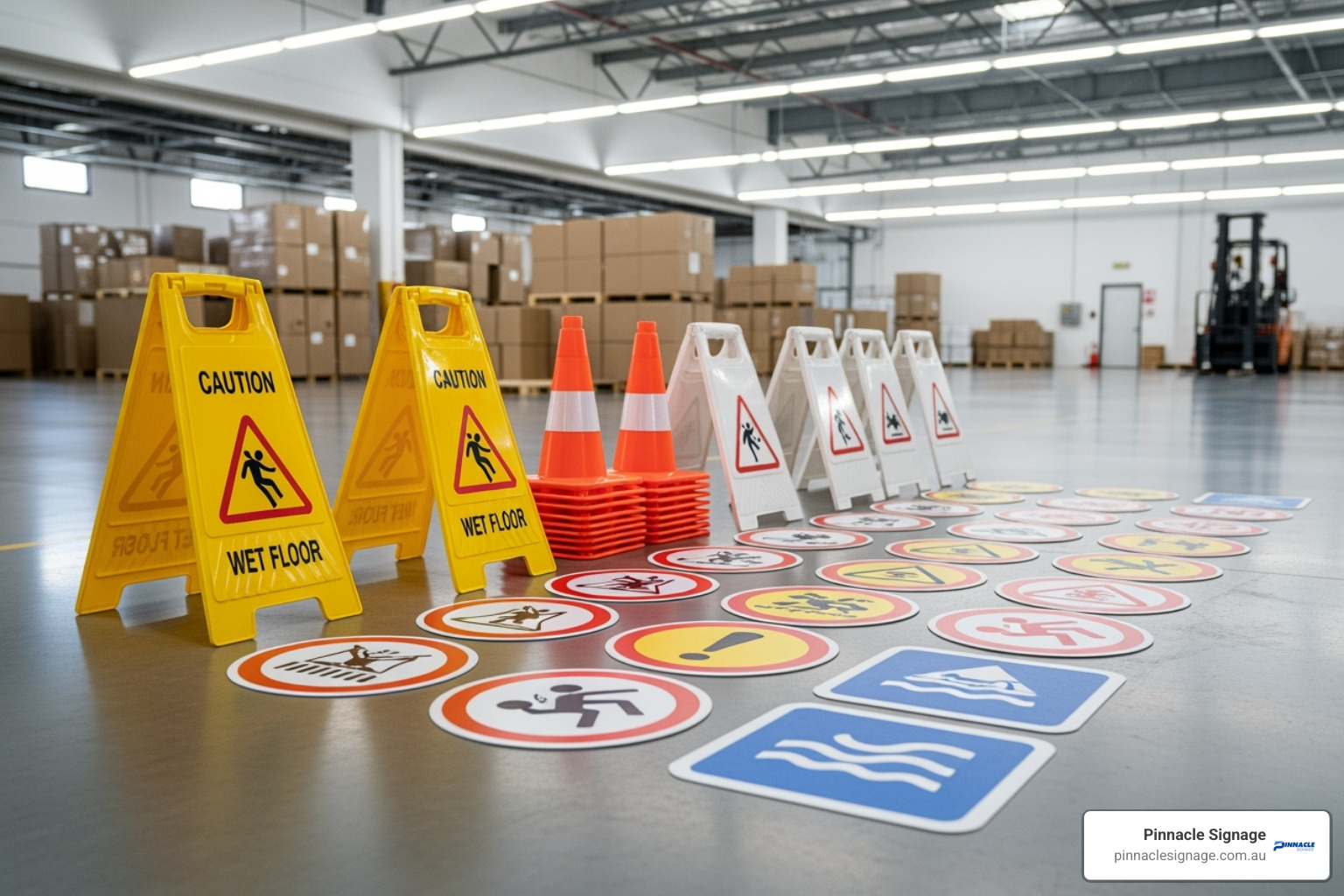 A collection of various caution signs from Pinnacle Signage, including A-frames, cones, and floor decals, displayed in a well-lit Australian warehouse setting - wet floor signage A collection of various caution signs from Pinnacle Signage, including A-frames, cones, and floor decals, displayed in a well-lit Australian warehouse setting - wet floor signage