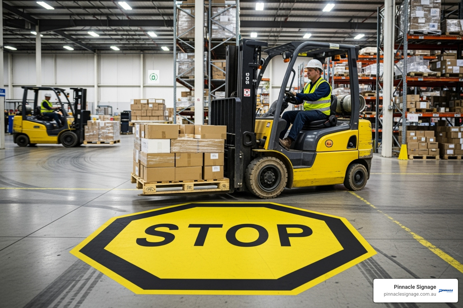 Warehouse worker driving a forklift over a brightly marked yellow stop decal on the floor, a mandatory forklift warning sign.
