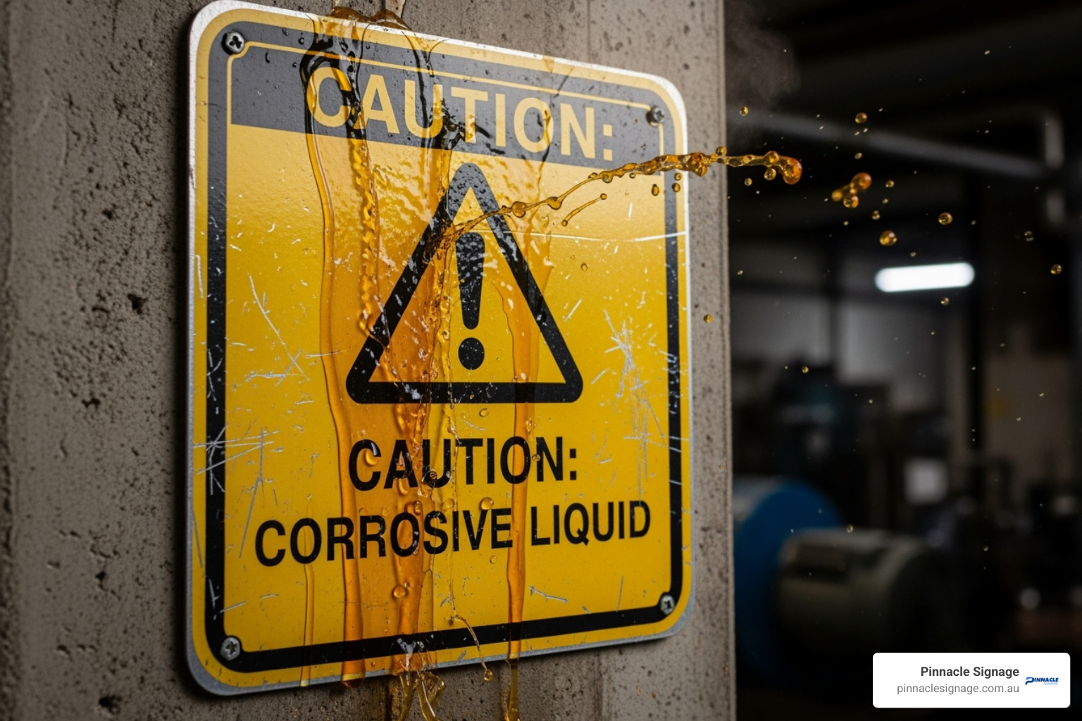 Close-up of a damaged, liquid-splashed acid sign on a concrete pillar, reminding workers of the constant corrosive hazard. Close-up of a damaged, liquid-splashed acid sign on a concrete pillar, reminding workers of the constant corrosive hazard.
