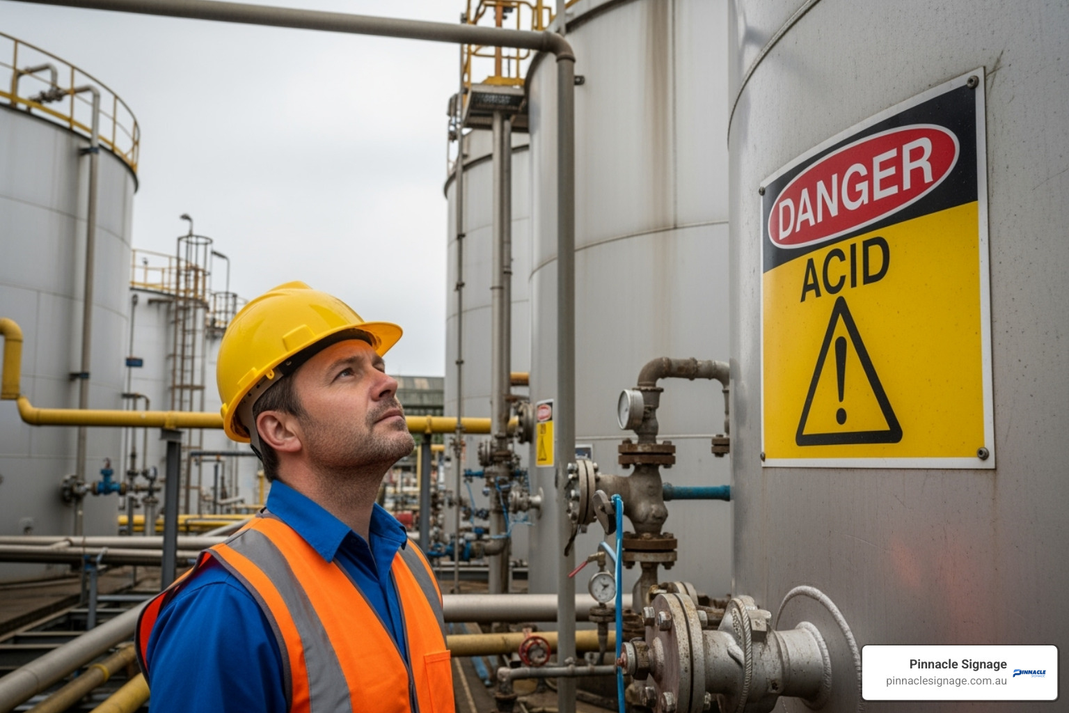 Worker in high-vis gear inspecting a large storage tank clearly labelled with a "DANGER ACID SIGN" in an industrial facility. Worker in high-vis gear inspecting a large storage tank clearly labelled with a "DANGER ACID SIGN" in an industrial facility.