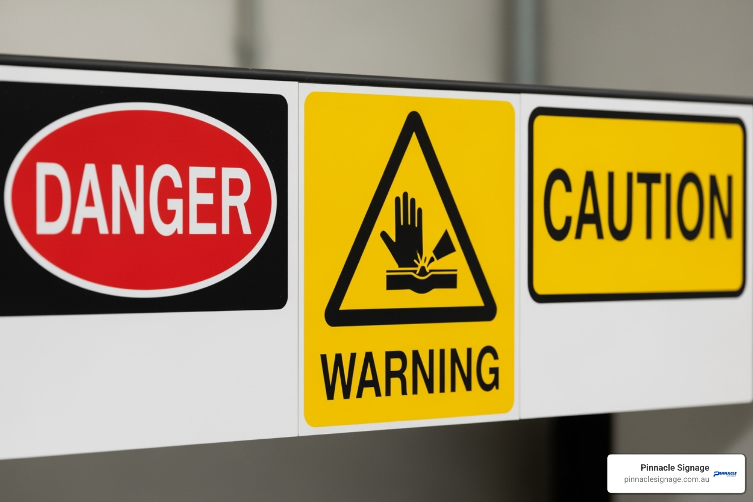 Danger, Warning (crushing hazard), and Caution signs displayed together, illustrating the full range of safety signage needed alongside the acid sign. Danger, Warning (crushing hazard), and Caution signs displayed together, illustrating the full range of safety signage needed alongside the acid sign.