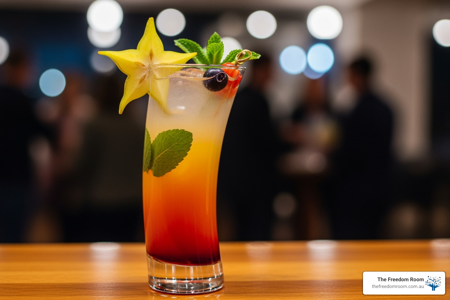 Delicious, colourful mocktail with star fruit and mint, illustrating fun options for socialising without alcohol.