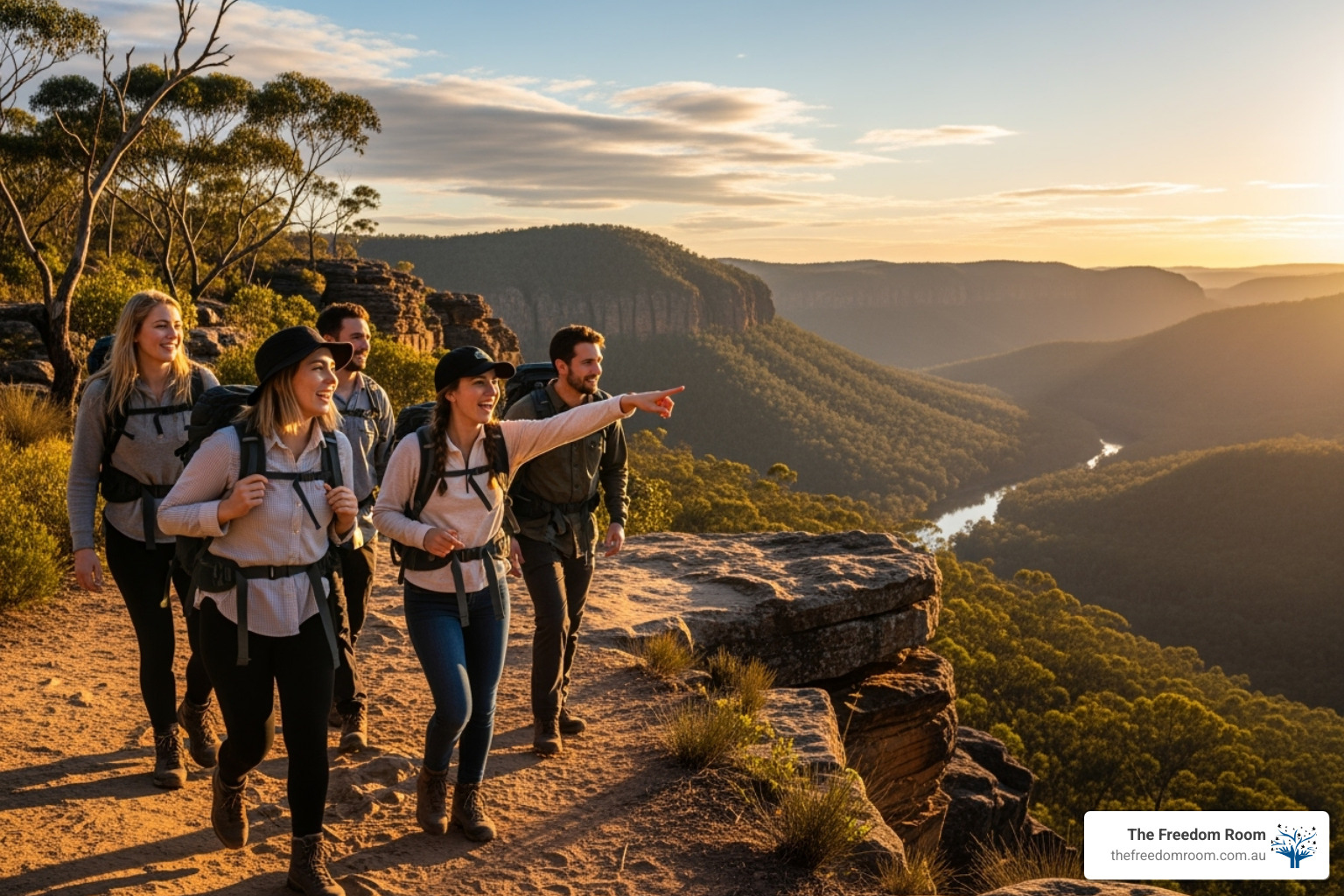 Friends enjoying a scenic hike in an Australian national park, laughing and pointing at something in the distance. - socialising without alcohol