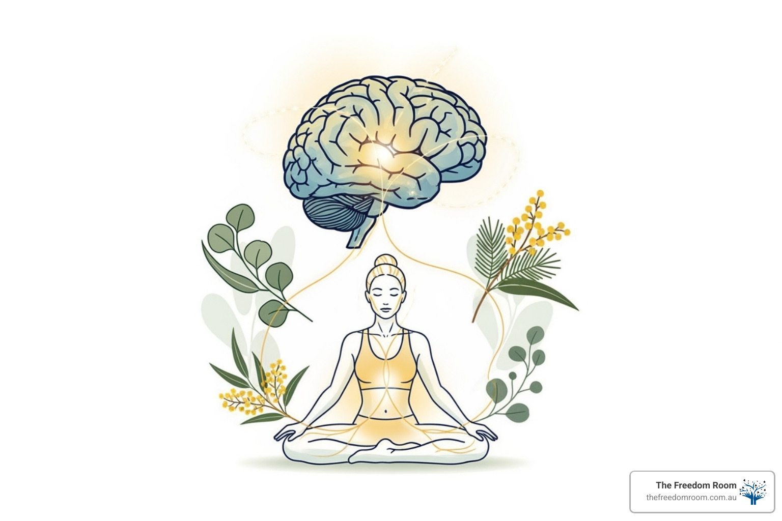 Illustration showing a clear connection between a healthy brain and a healthy body, with subtle Australian flora in the background - mental health in recovery