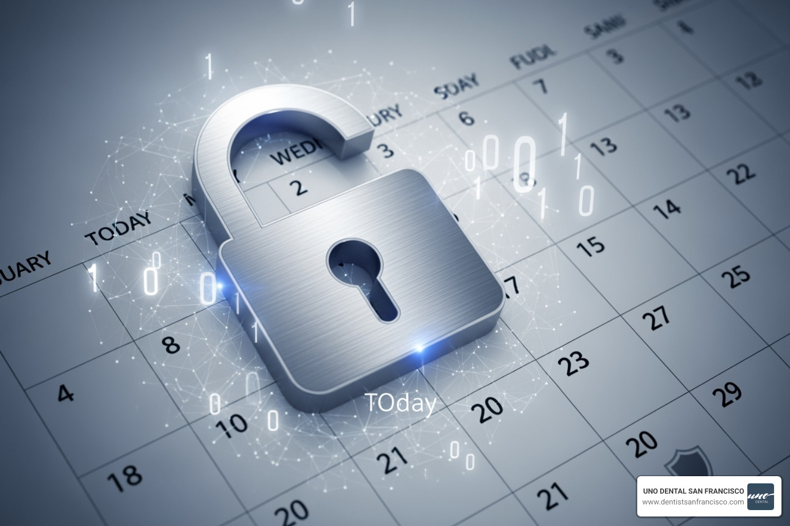 A lock icon superimposed on a digital calendar, symbolizing robust data security and privacy in online scheduling systems - online appointment scheduling dentist
