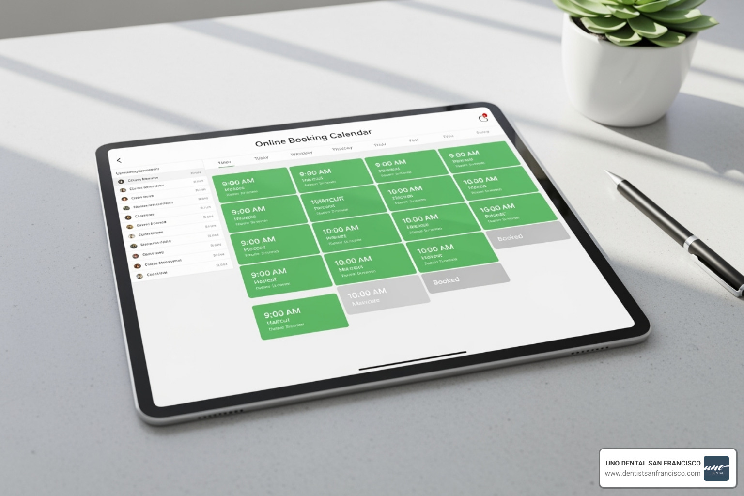 A clean, easy-to-use online booking calendar interface displayed on a tablet, showing available time slots and appointment details - online appointment scheduling dentist