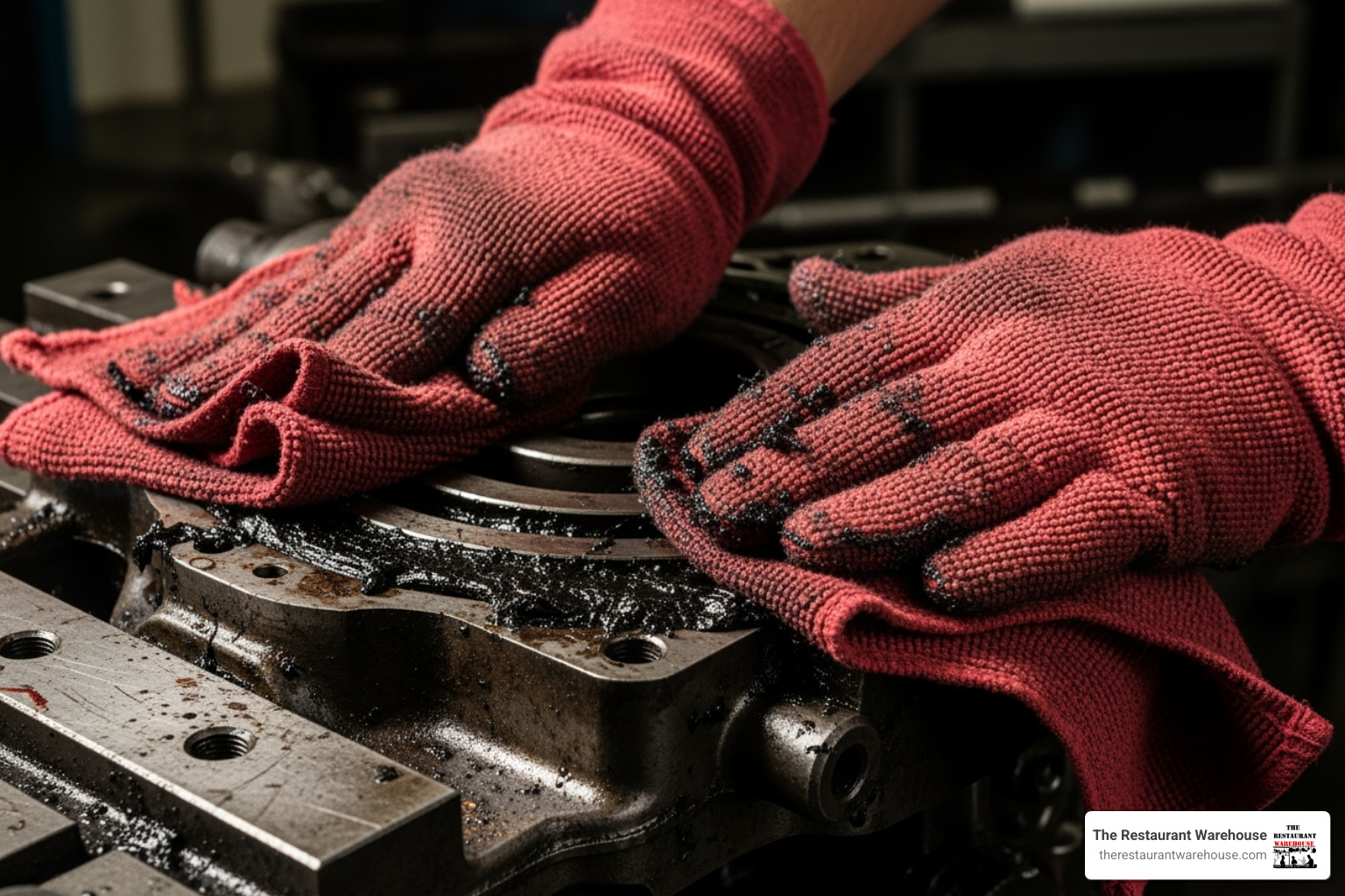 Durable red shop towels being used to clean grease from a machine part - Cleaning rags wholesale