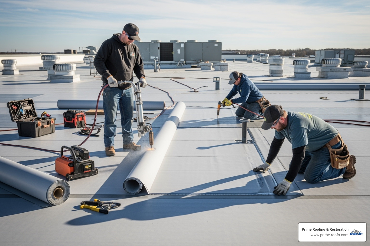 TPO membrane being installed - tpo roofing companies