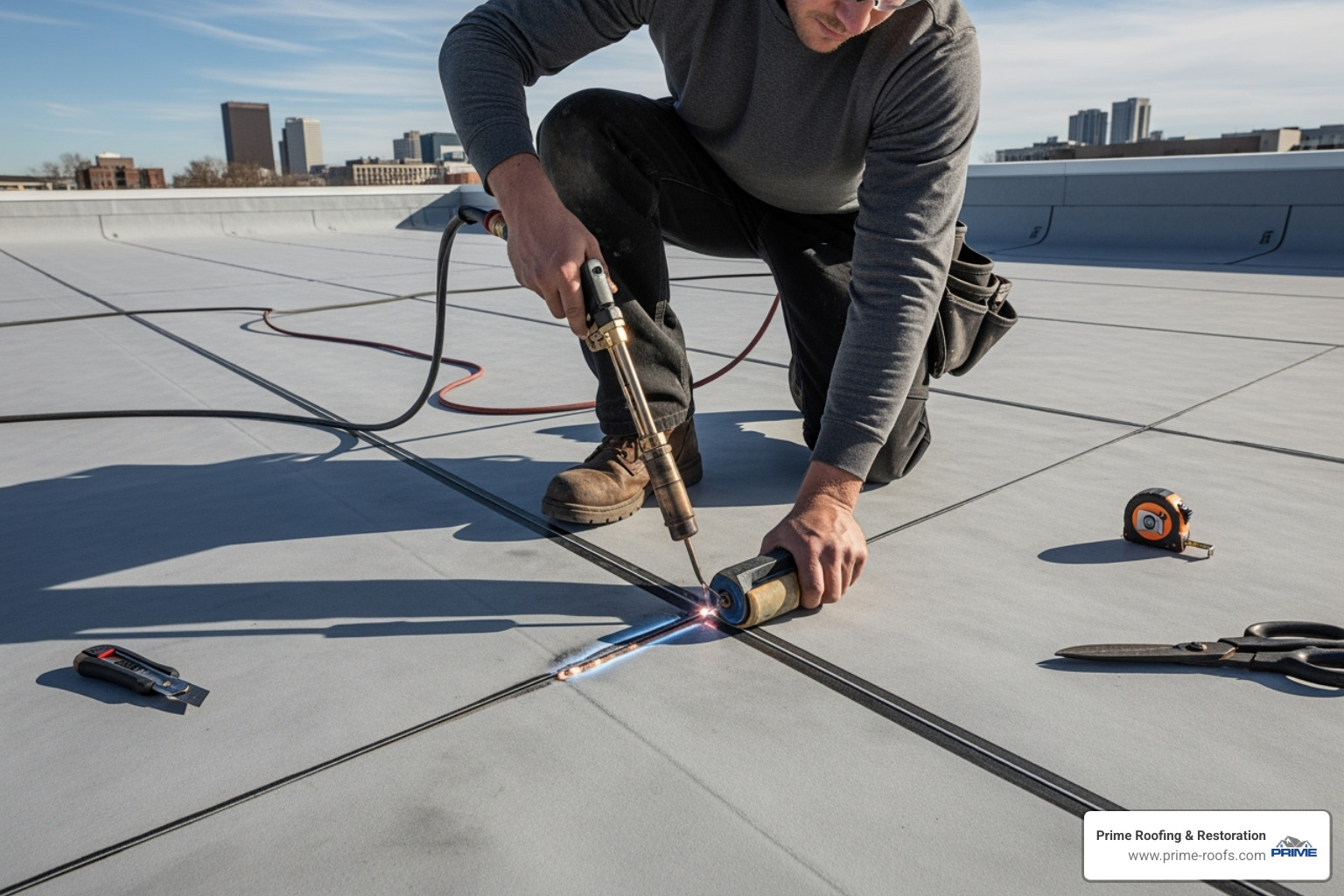 Professional roofer heat-welding a TPO seam - tpo roofing companies