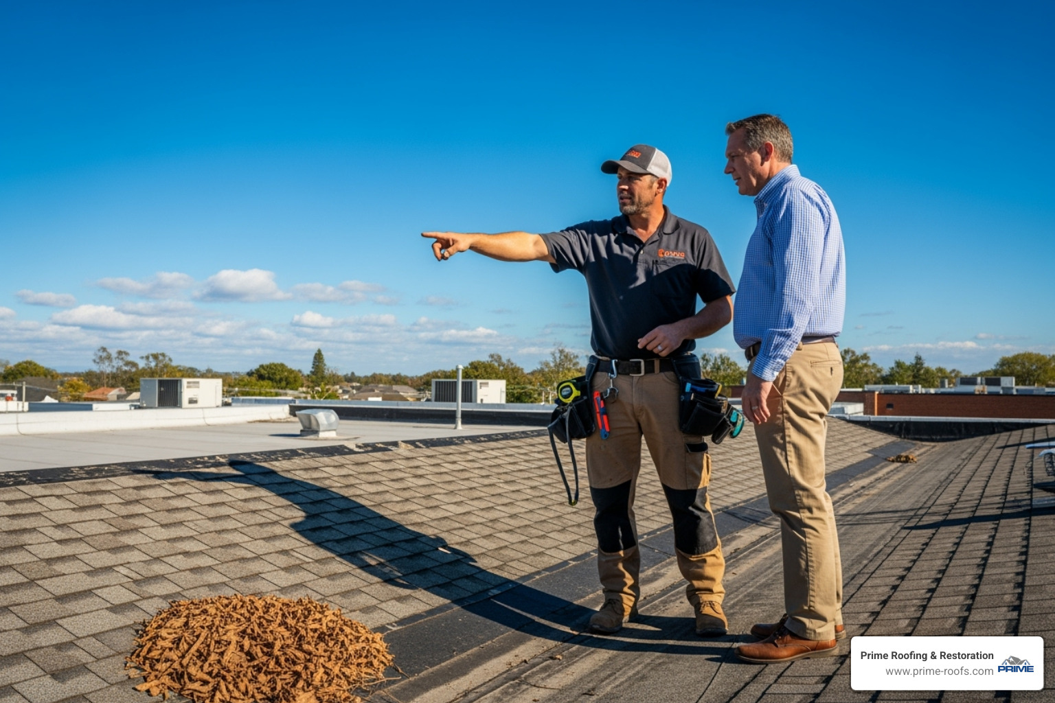 Roofing contractor consulting with a client on-site - tpo roofing companies